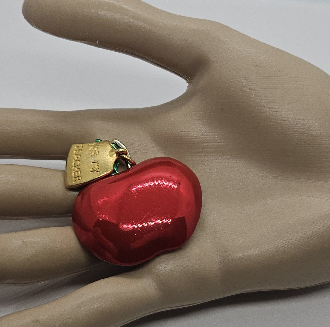 For My Teacher Red Apple Brooch Pin Metal Enamel Marked A.J.C. 1″