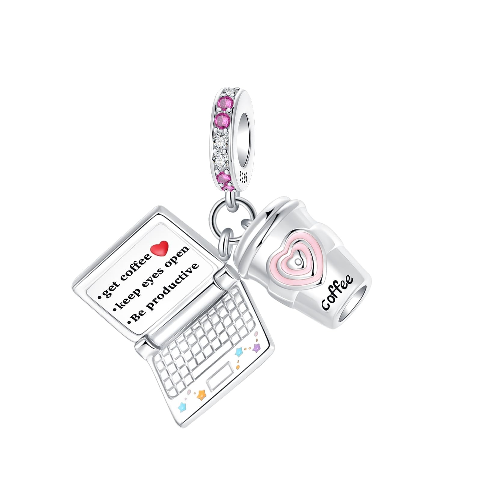 Coffee Cup Computer Charm 925 Sterling Silver Charms Fits Women’s Bead Bracel…