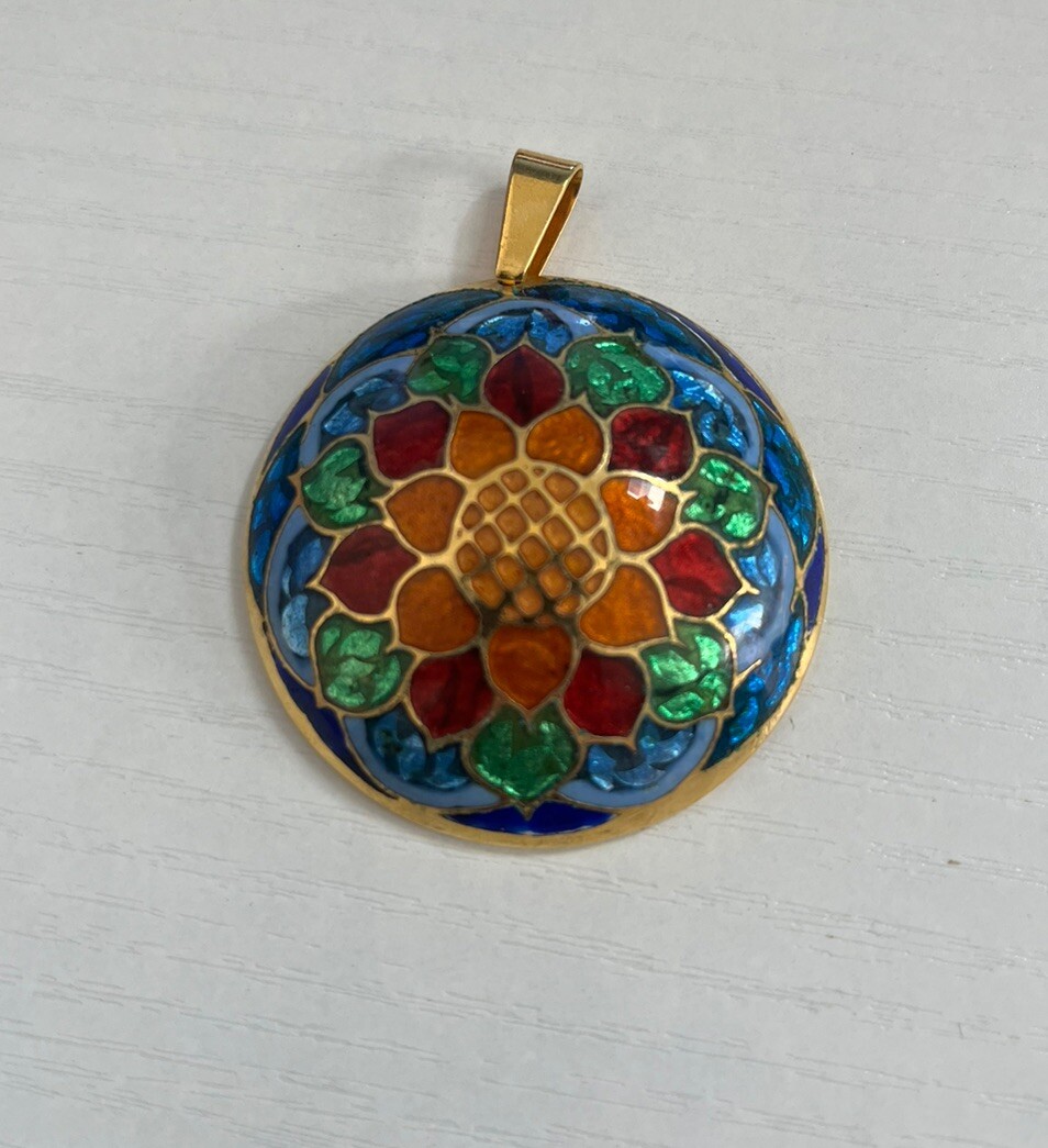 Enamel And Metal Necklace Pendant – Hand Painted “Duba 78” Flower Cloisonné