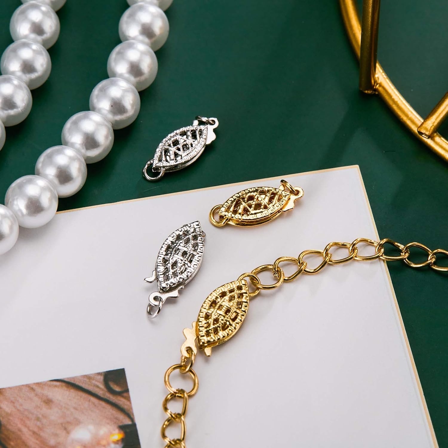 Pearl Filigree Necklace Oval Filigree Fish Hook Clasp Jewelry Slide 4 Piece