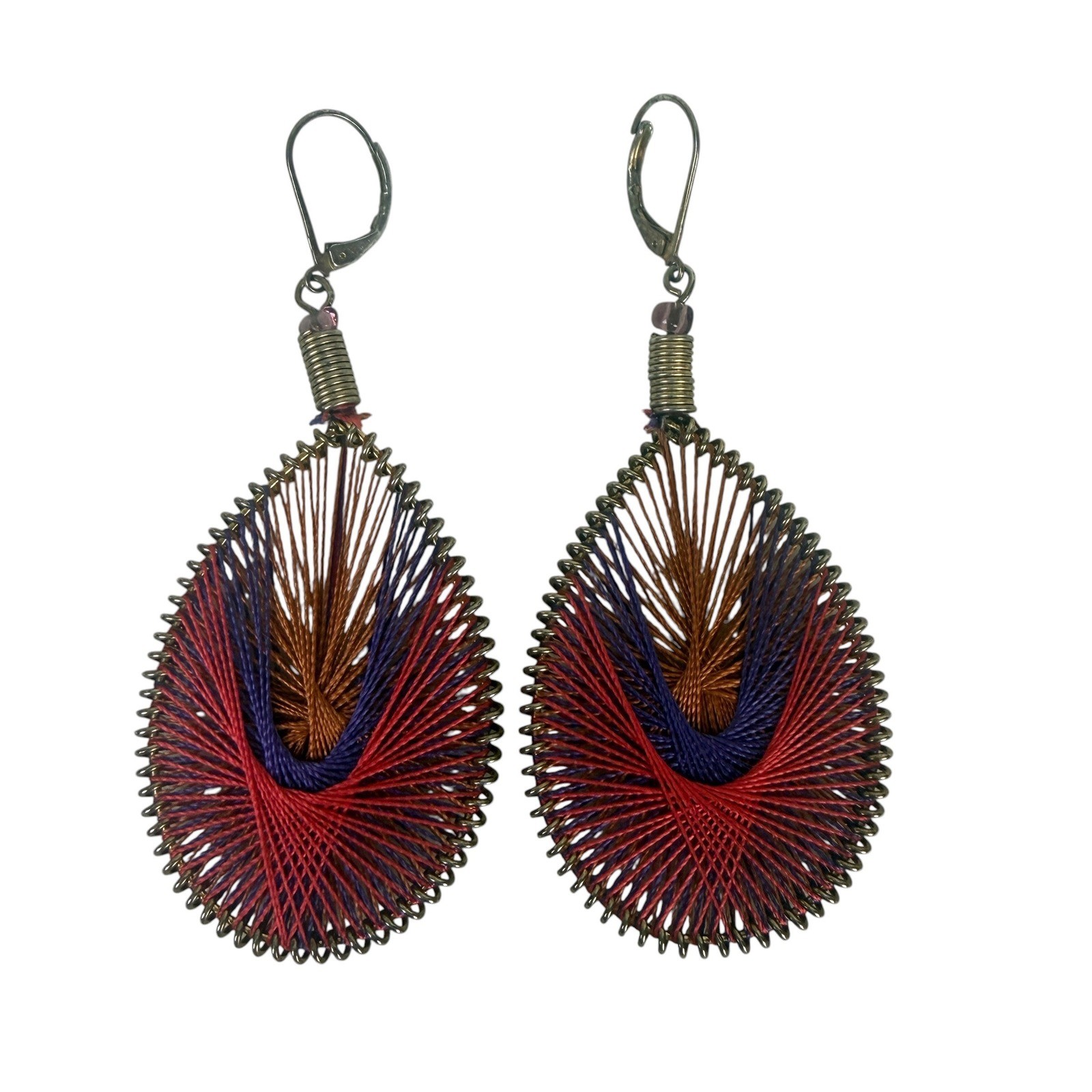 Bohemian String Art Teardrop Earrings Red Purple Brown Woven Fiber Jewelry