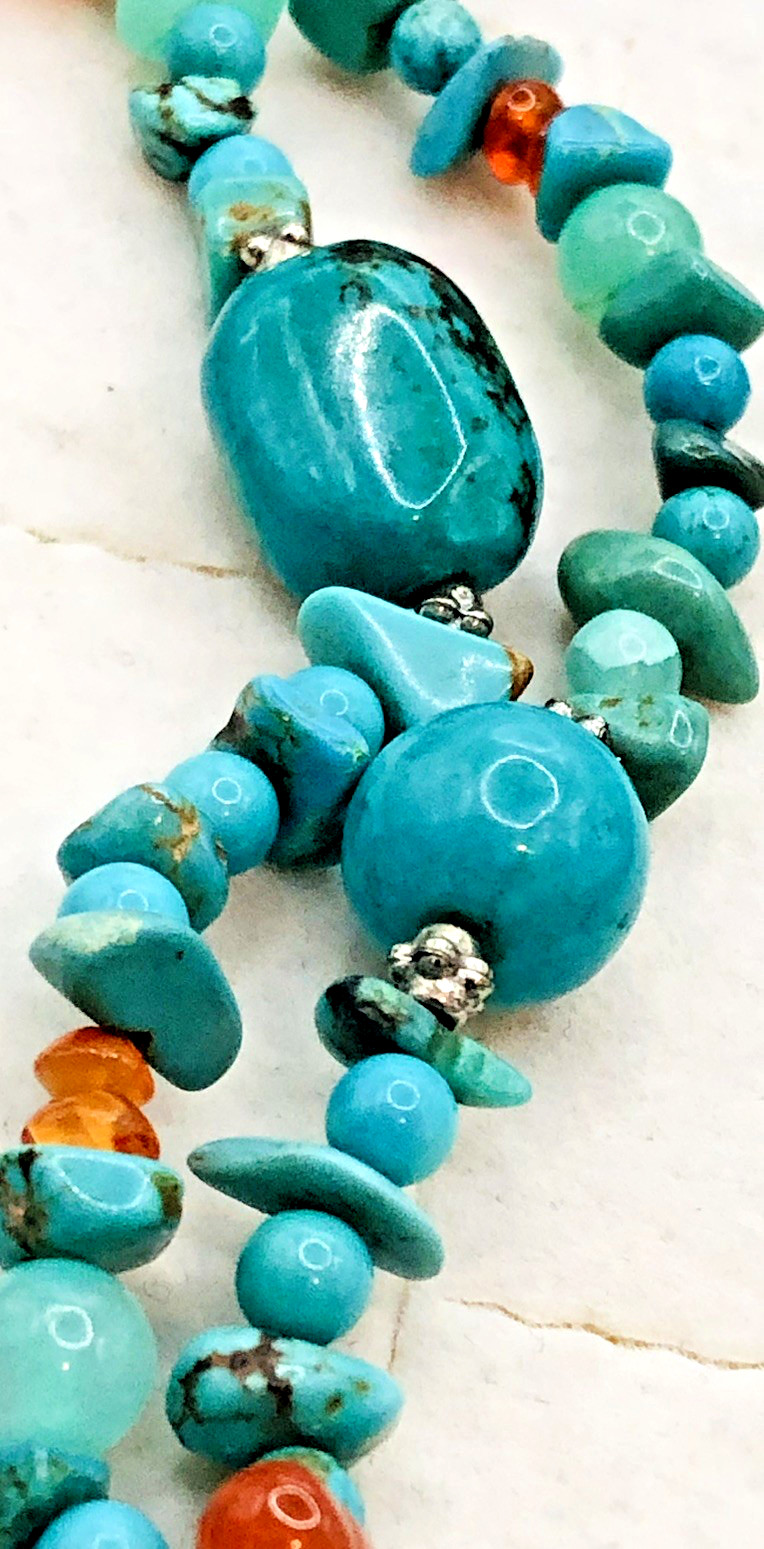 Vtg 58 Inch Beaded Tassel Lariat Necklace Sterling, Turquoise , Chrysoprase etc.