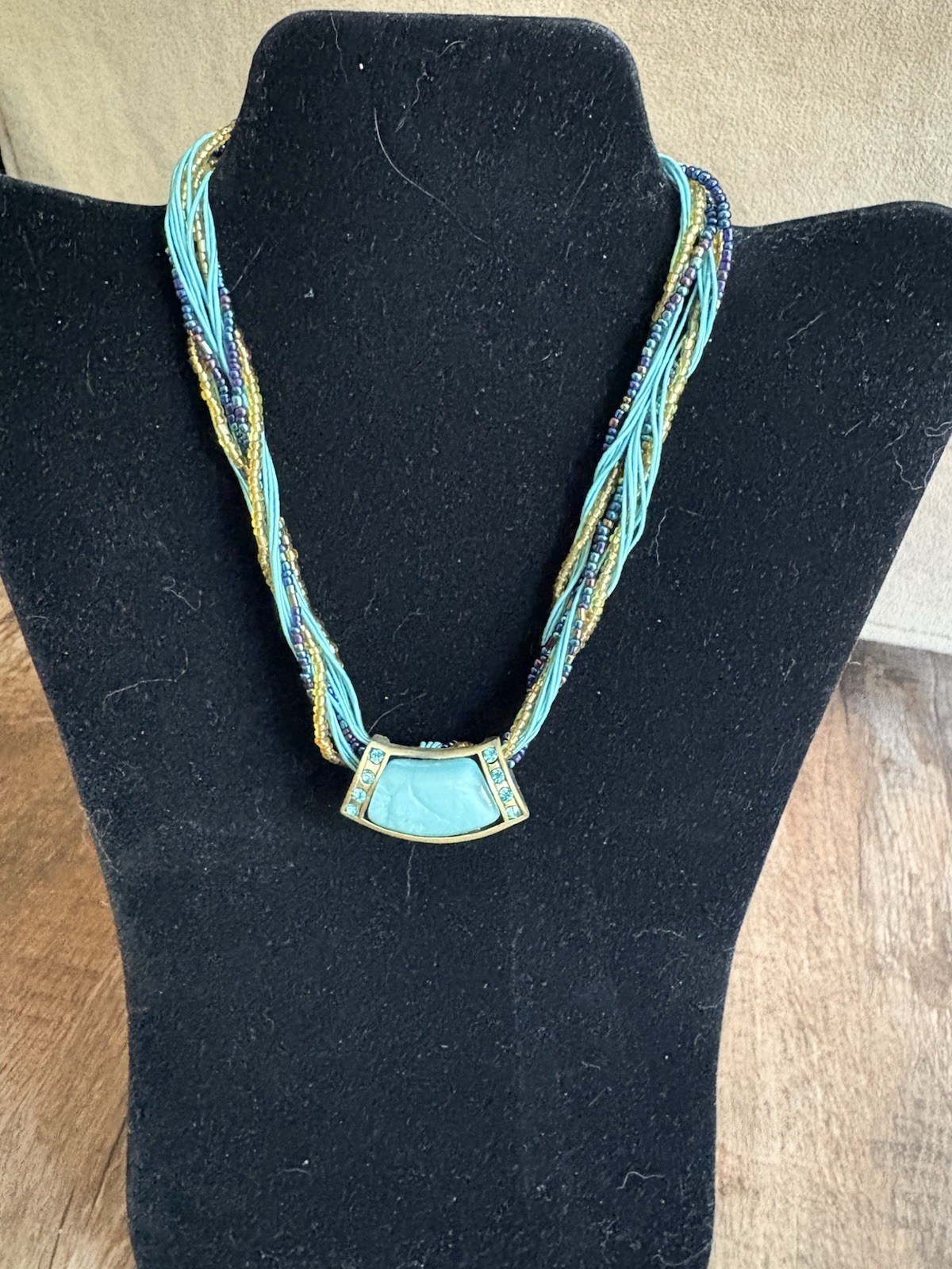 Multi Strand Teal Blue Gold With Statement Piece Pendant