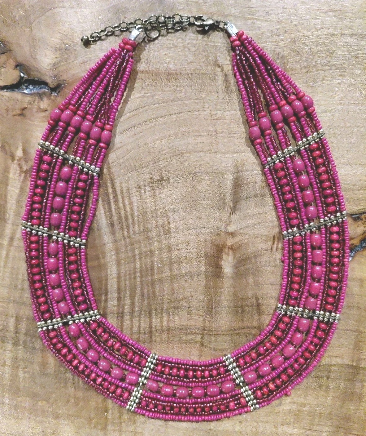 Vtg Gold Necklace with Dark Pink Glass Seed Beads by MIXIT Dark-Pink