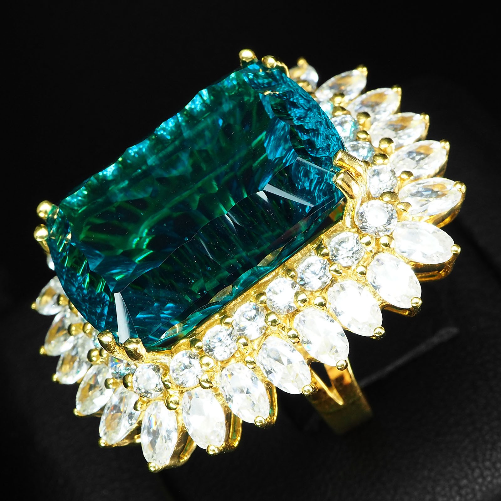 Blue Green Tourmaline Concave 33.5Ct 925 Sterling Silver 24K Gold Ring Size 6.75