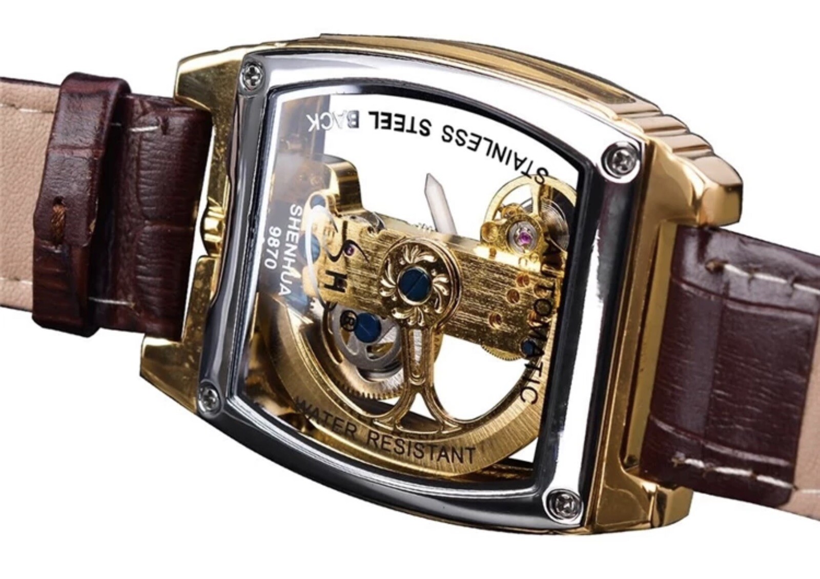 Mens Skeleton Mechanical Waterproof Luxury Watch Leather Hollow Great Gift Idea