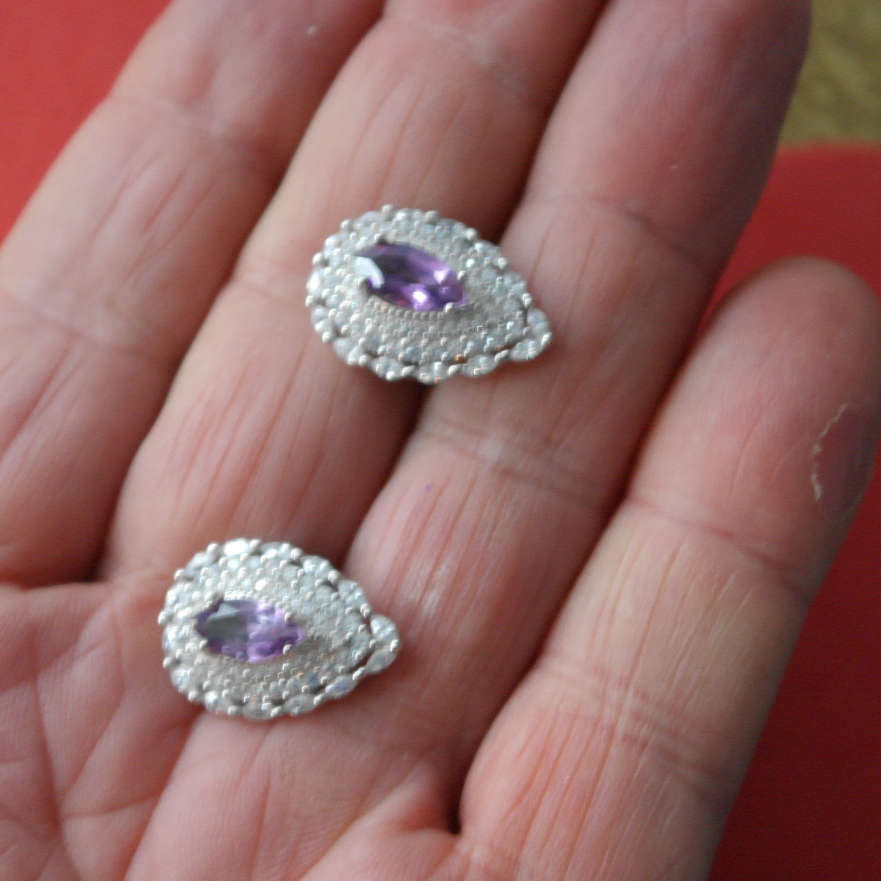 IMPRESSIVE! NATURAL! 4 X 10 mm. PURPLE AMETHYST & WHITE CZ..925 SILVER EARRINGS