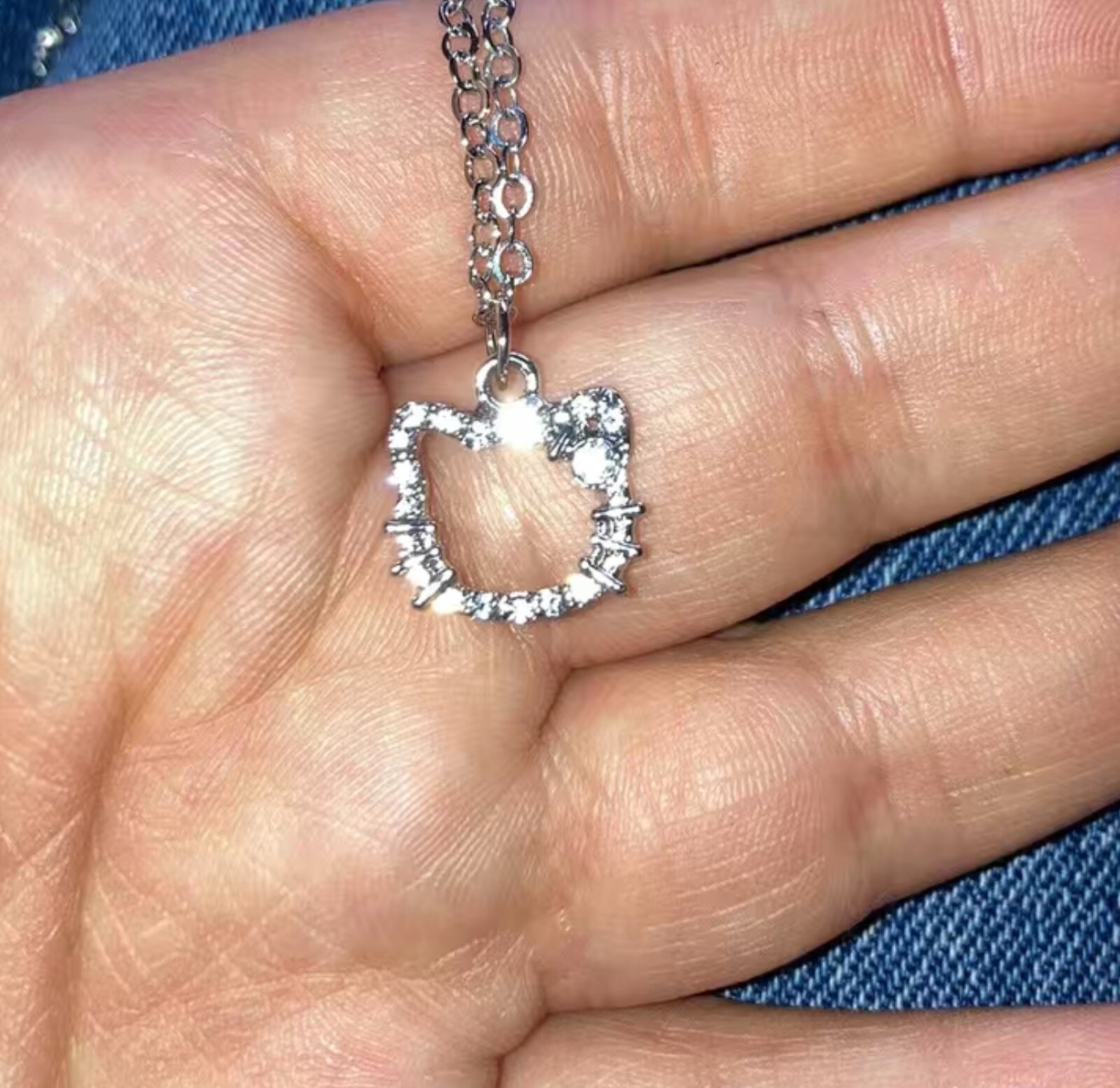 Sparkly, Cartoon Hello Kitty Head With Silver Bow Pendant, Silver Chain Necklace