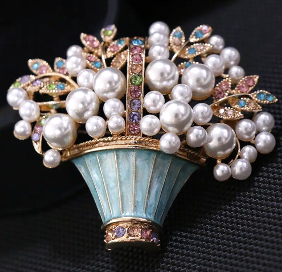 BROOCH-Glazed Pearl Flower Brooch, Fashion Flower Basket Potted Plant