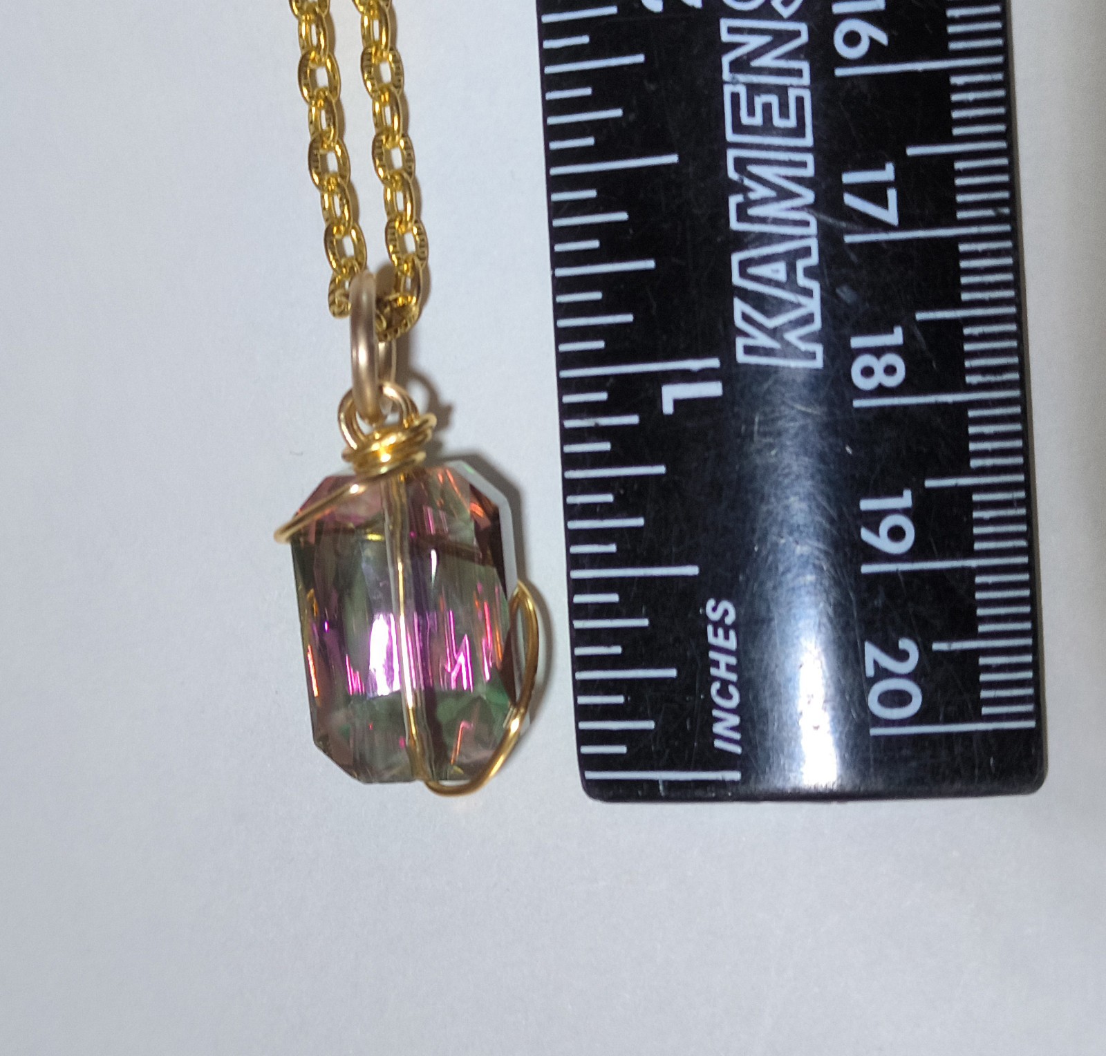 #5 Gold Necklace with a Pink/Green Crystal Wire Wrapped