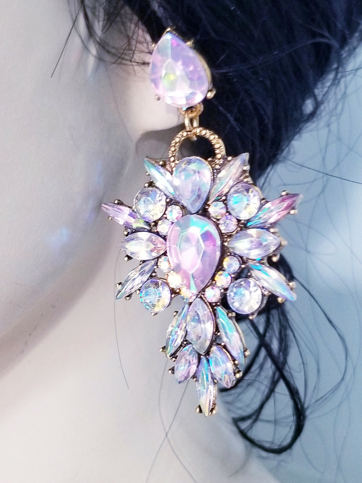 Chandelier Earrings AB Rhinestone Crystal 2.8 in