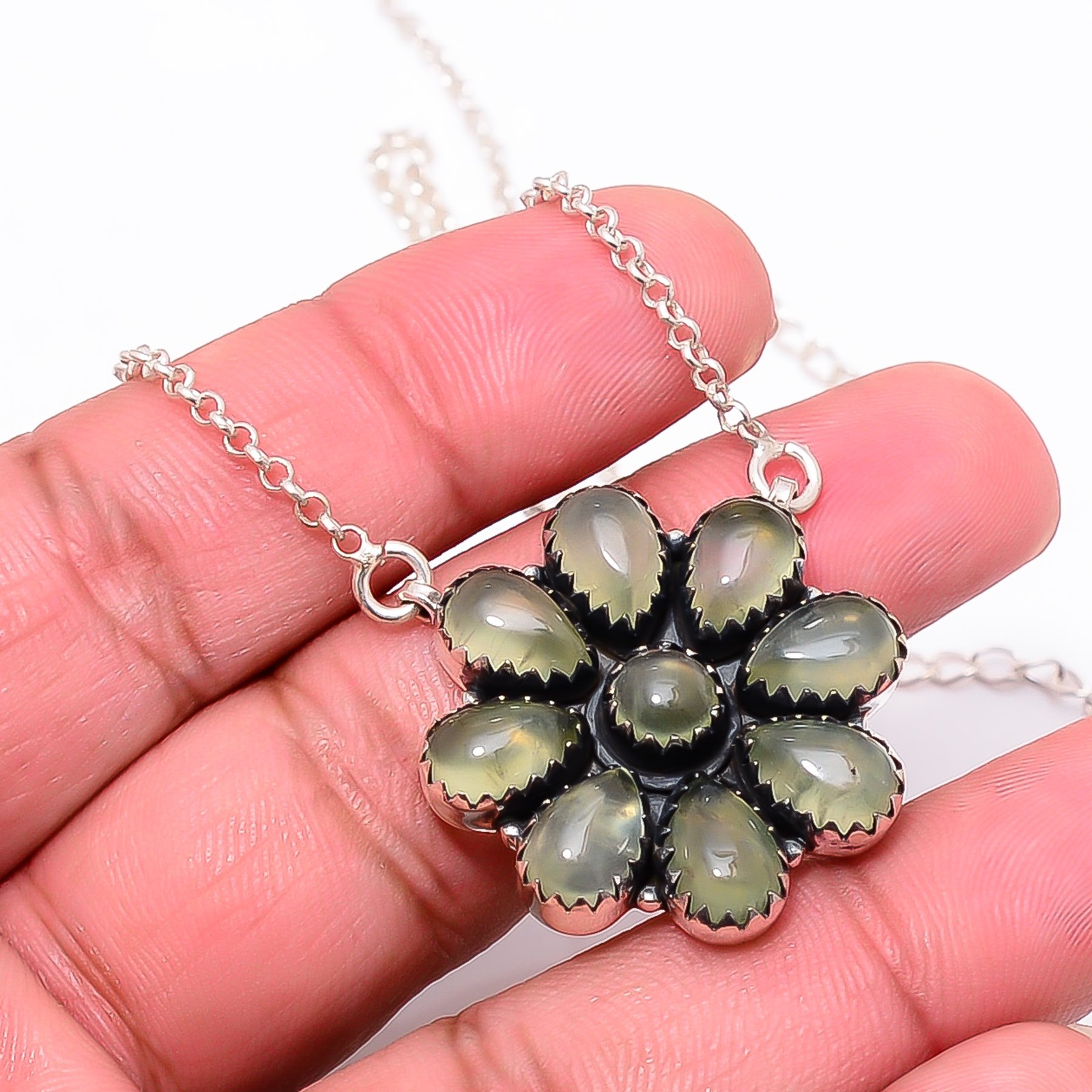 Prehnite – South Africa 925 Sterling Silver Cluster Flower Necklace 19-23″ CP4