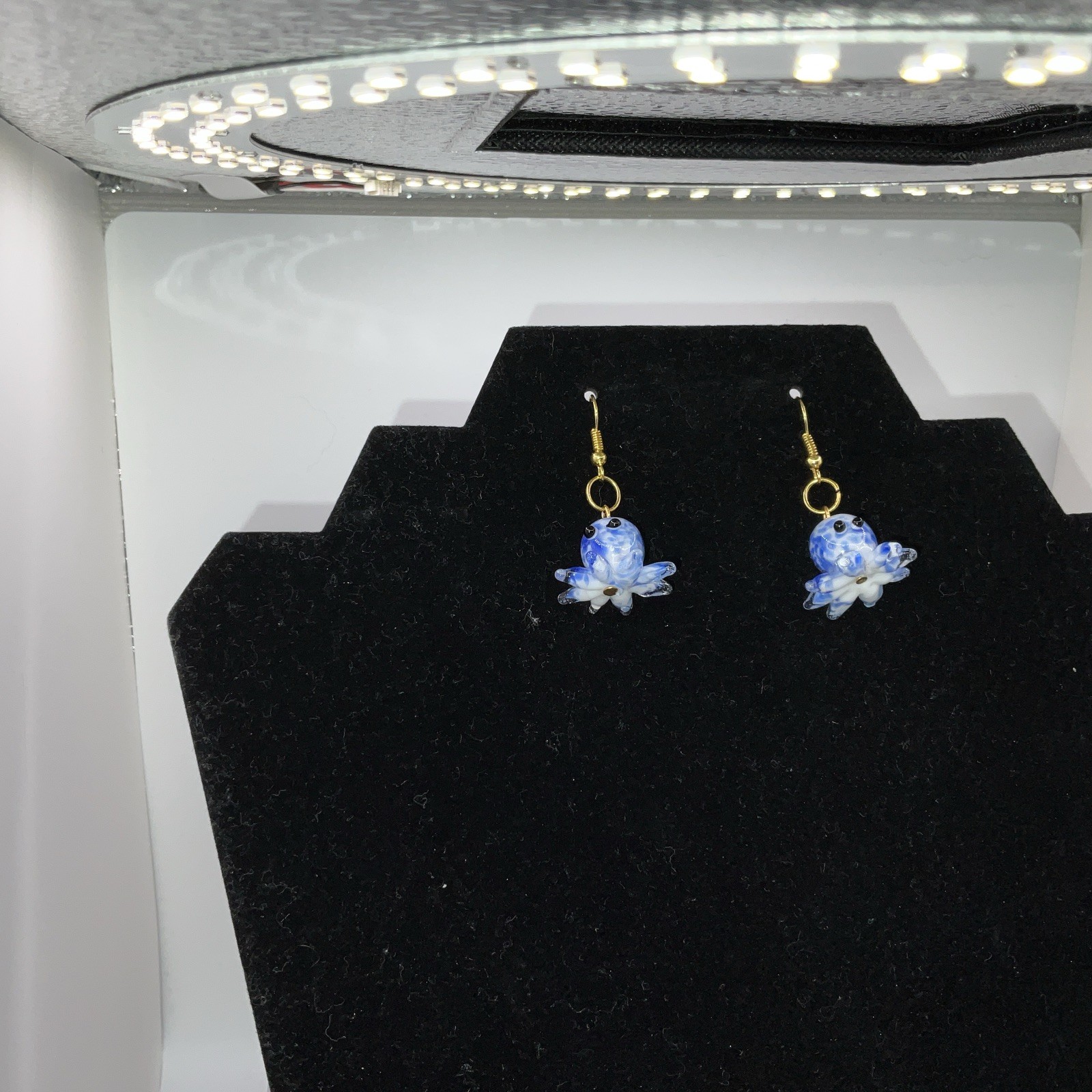 Blue & White Octopus Glass Earrings W/ Backs. Homemade 14k Extra Plated Gold New