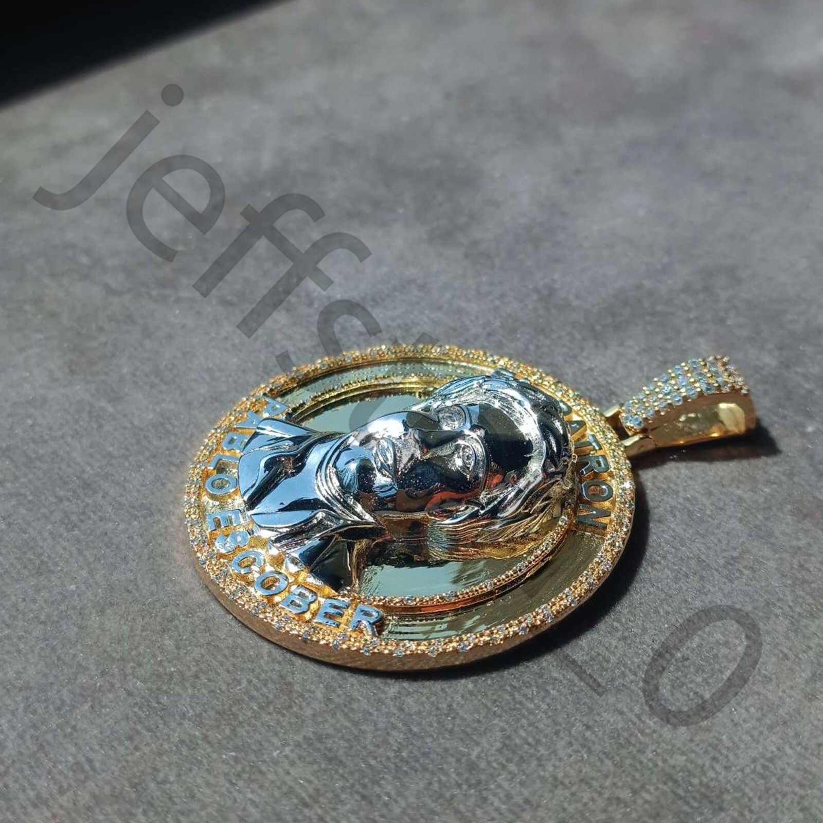 Simulated Diamond 14K Yellow Gold Over EL Patron Pablo Escobar Pendant 2.25″