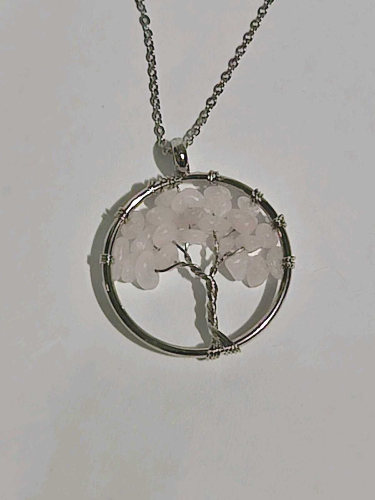 Rose Quartz Tree of Life Pendant Necklace Wire Wrapped Crystal Jewelry