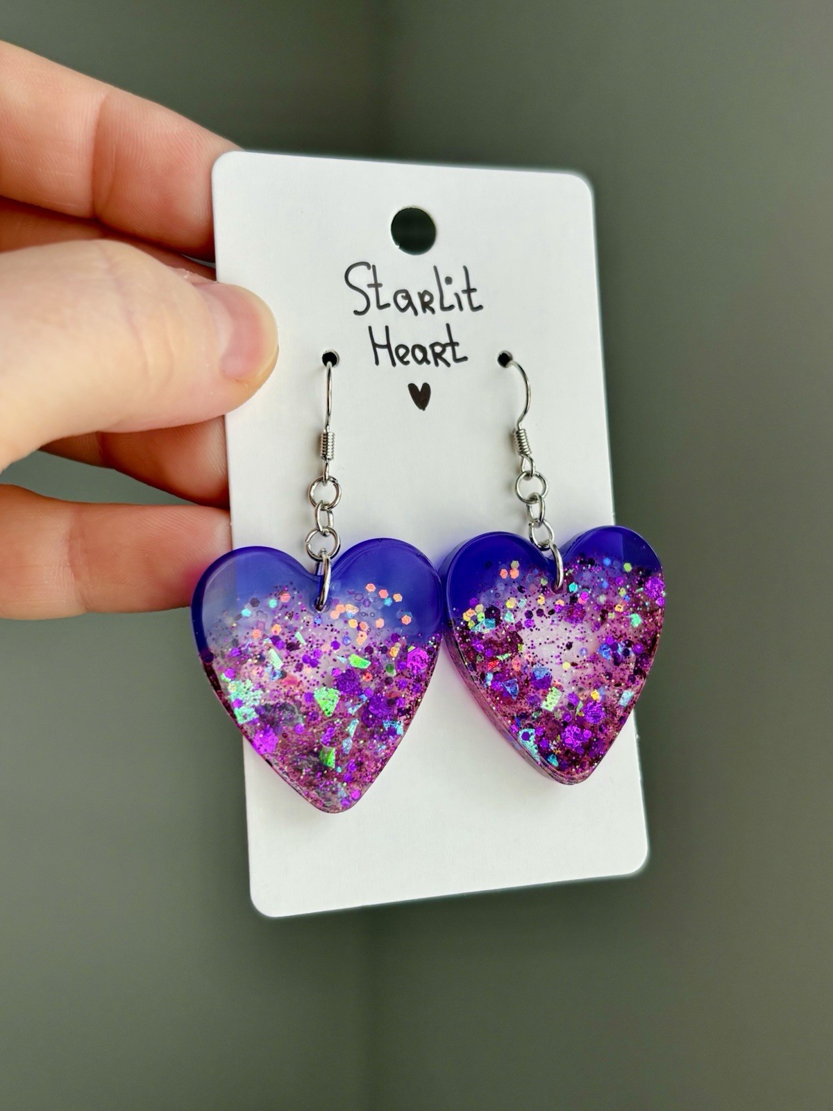 Starlit Heart Resin Heart Earrings Handmade Purple Pink Glitter Galaxy