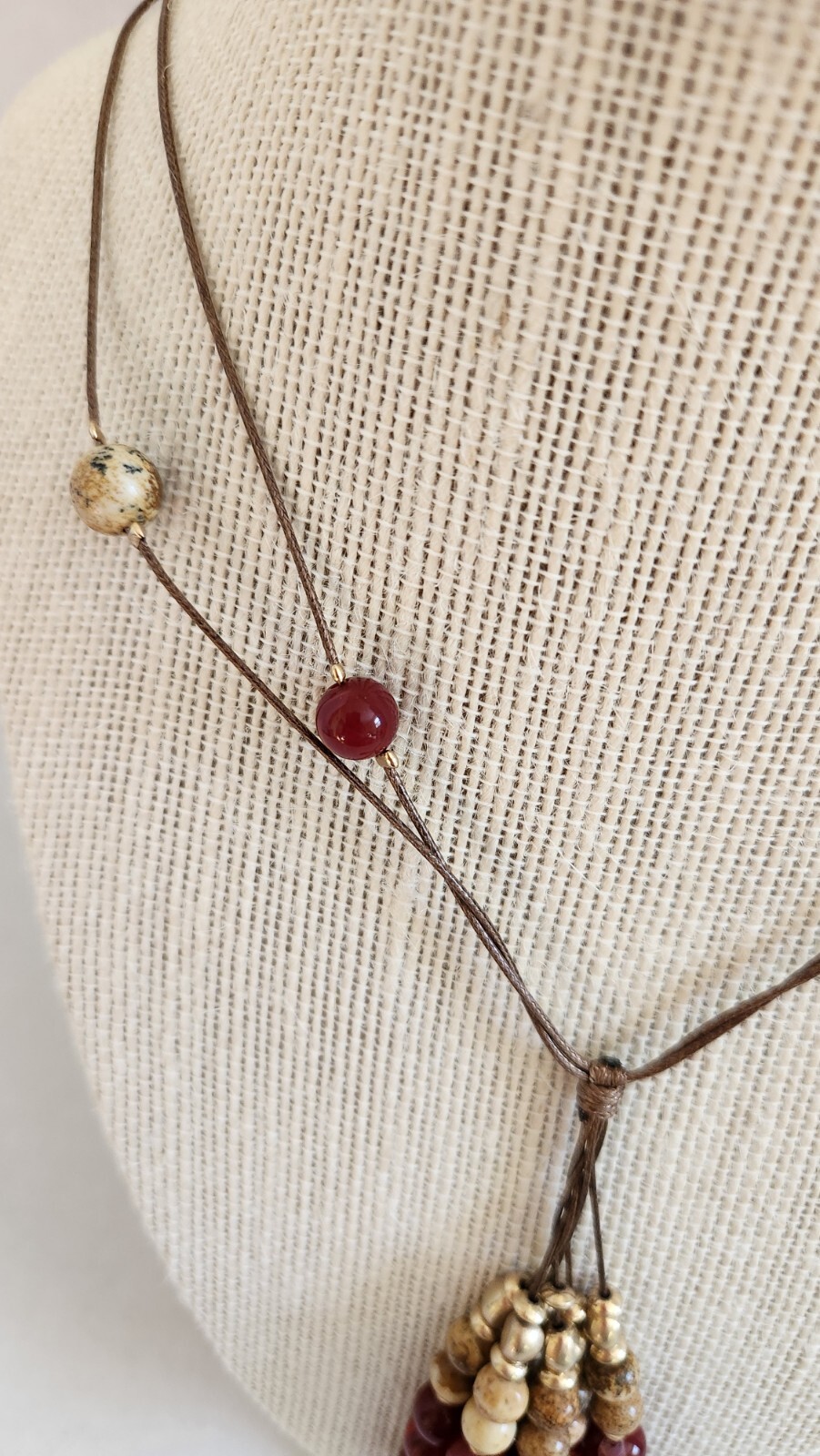 Ashley Cooper Multi Strand String Beaded Necklace Red and Neutral Colors