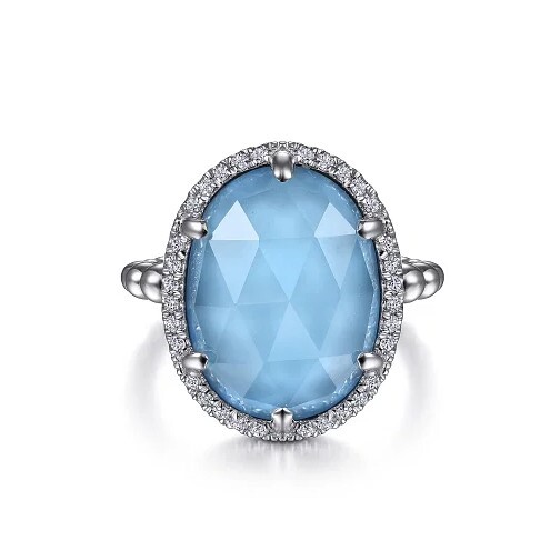Gabriel & Co SS Oval Rock Crystal & Turquoise Signet Ring W/White Sapphire Halo