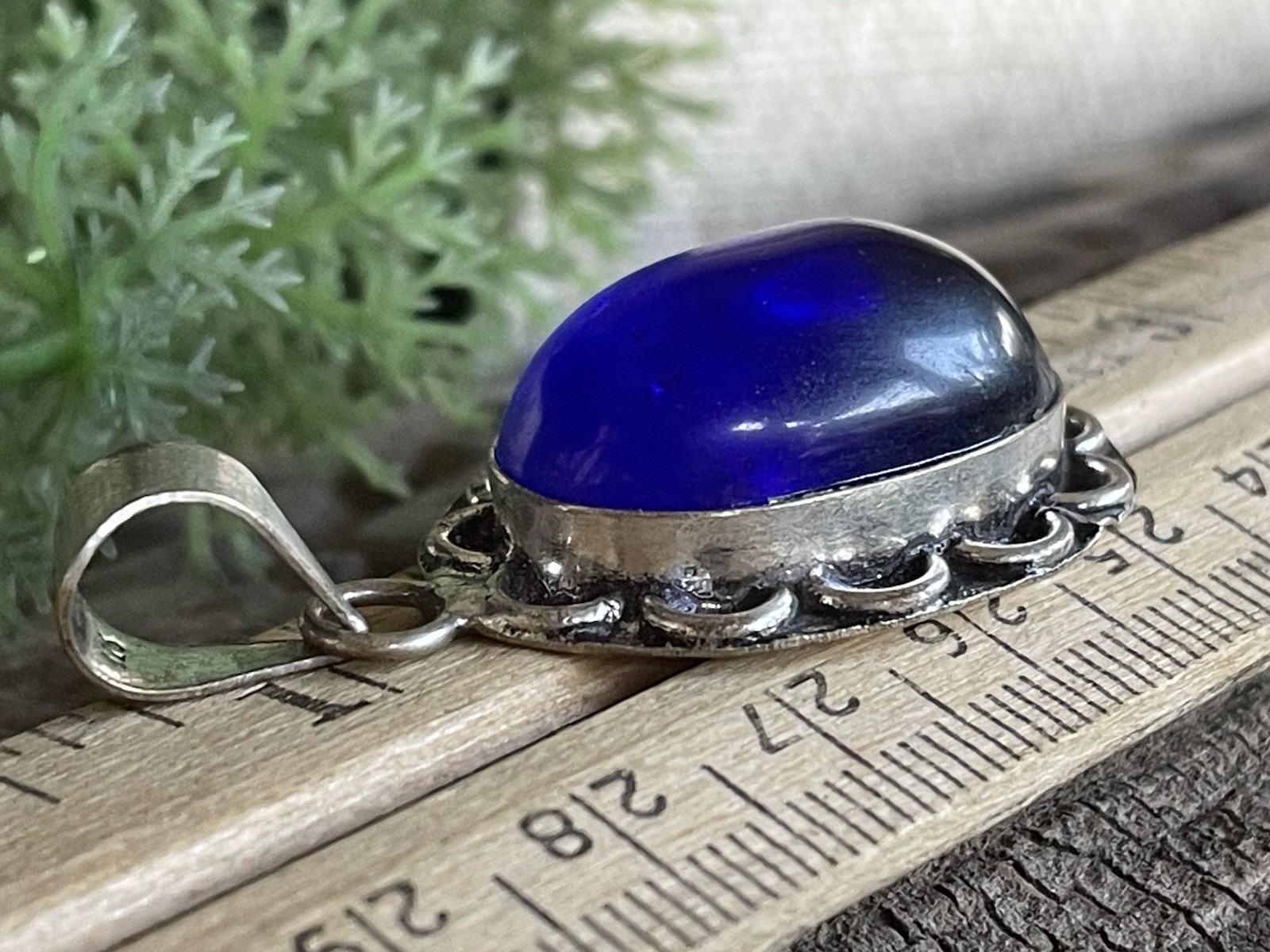Sterling Silver 925 Cobalt Blue Glass? Cabochon Oval Pendant Vintage Style Boho