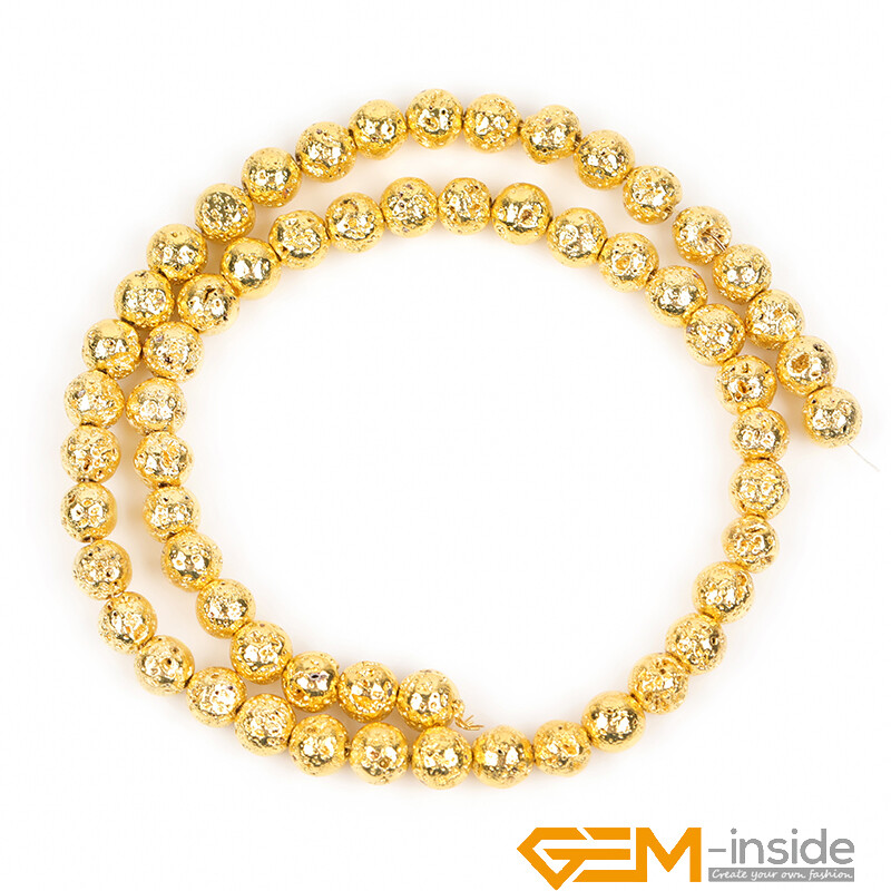 Gold Metallic Coated Volcanic Rock Stone Round Loose Beads Jewelry Making 15″