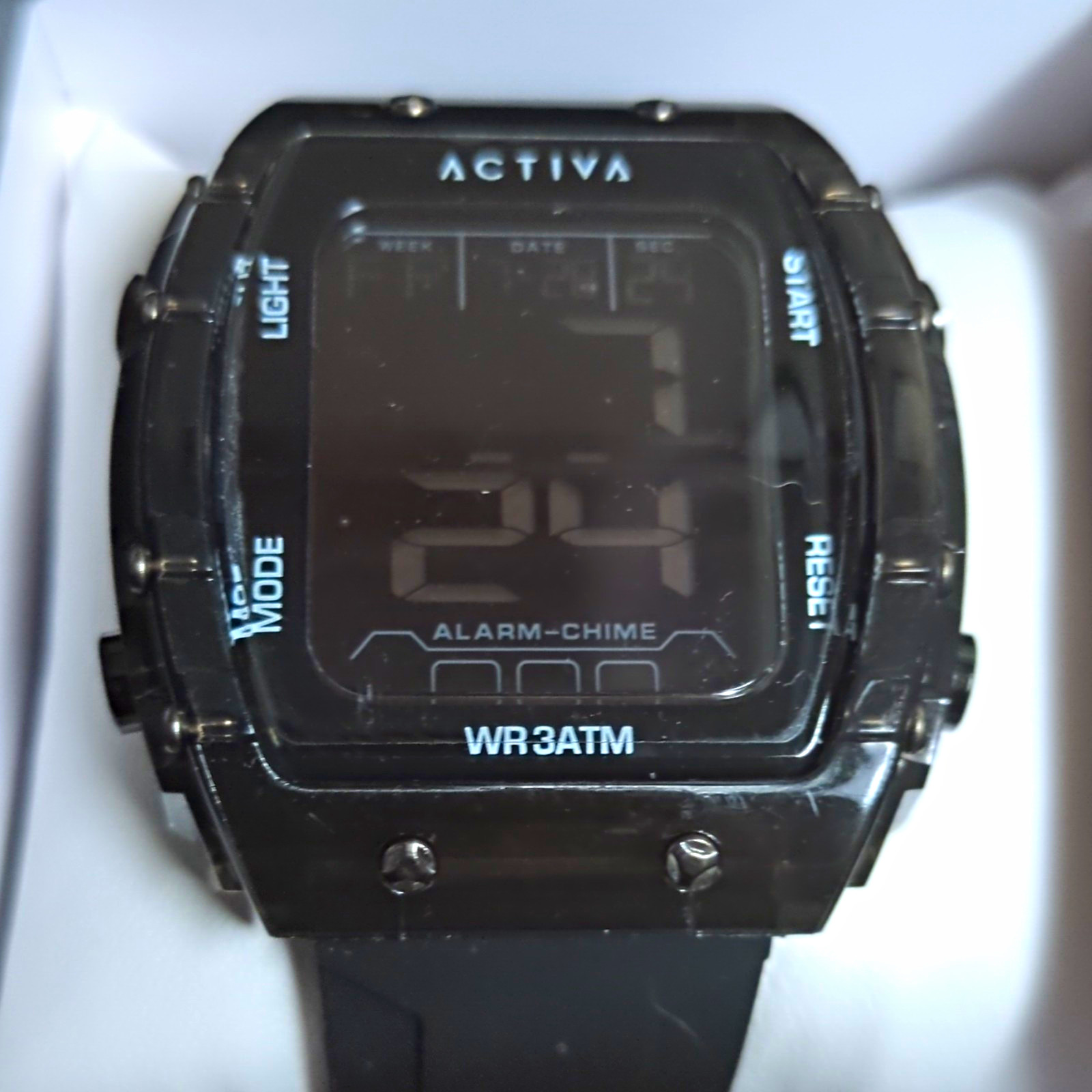Activa Men’s Digital Rectangle Watch Black 30m WR Alarm Backlight w/Box