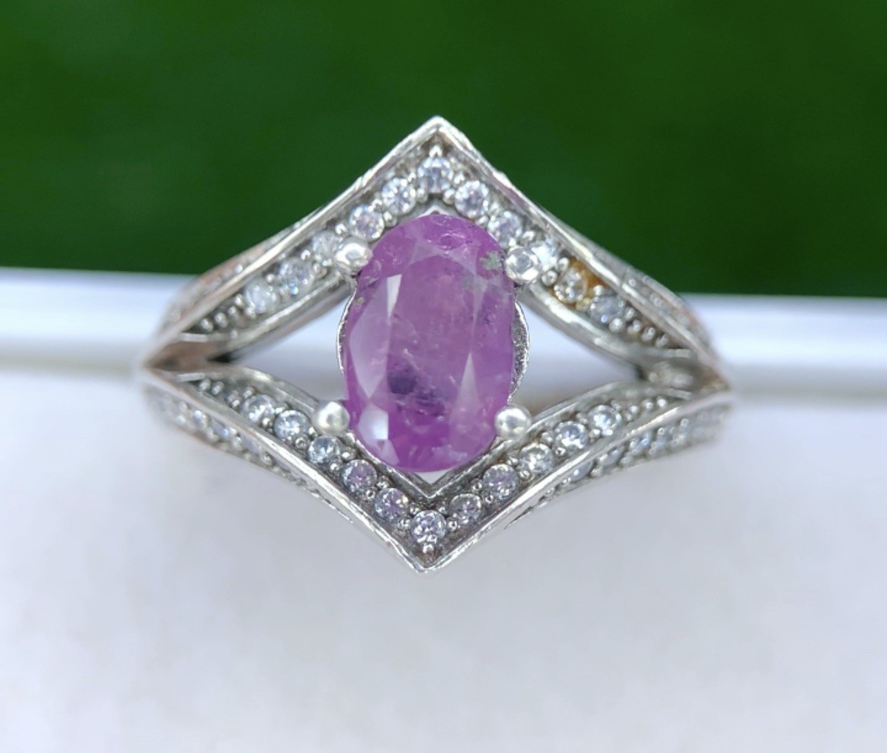 Natural Pinkish Purple Sapphire Ring 925 Sterling Silver Oval Size 5.5