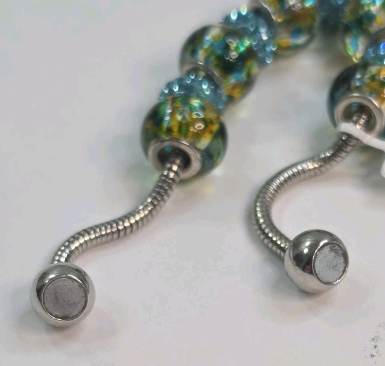 Silver Tone Snake Chain Magnetic Clasp Beaded European Charm Bracelet Blue 8in
