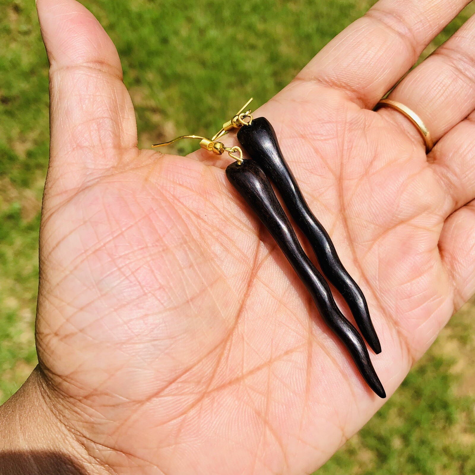 Ebony Wood Long Shoulder Duster Linear Handmade Snake Earrings 85 mm length, D 4