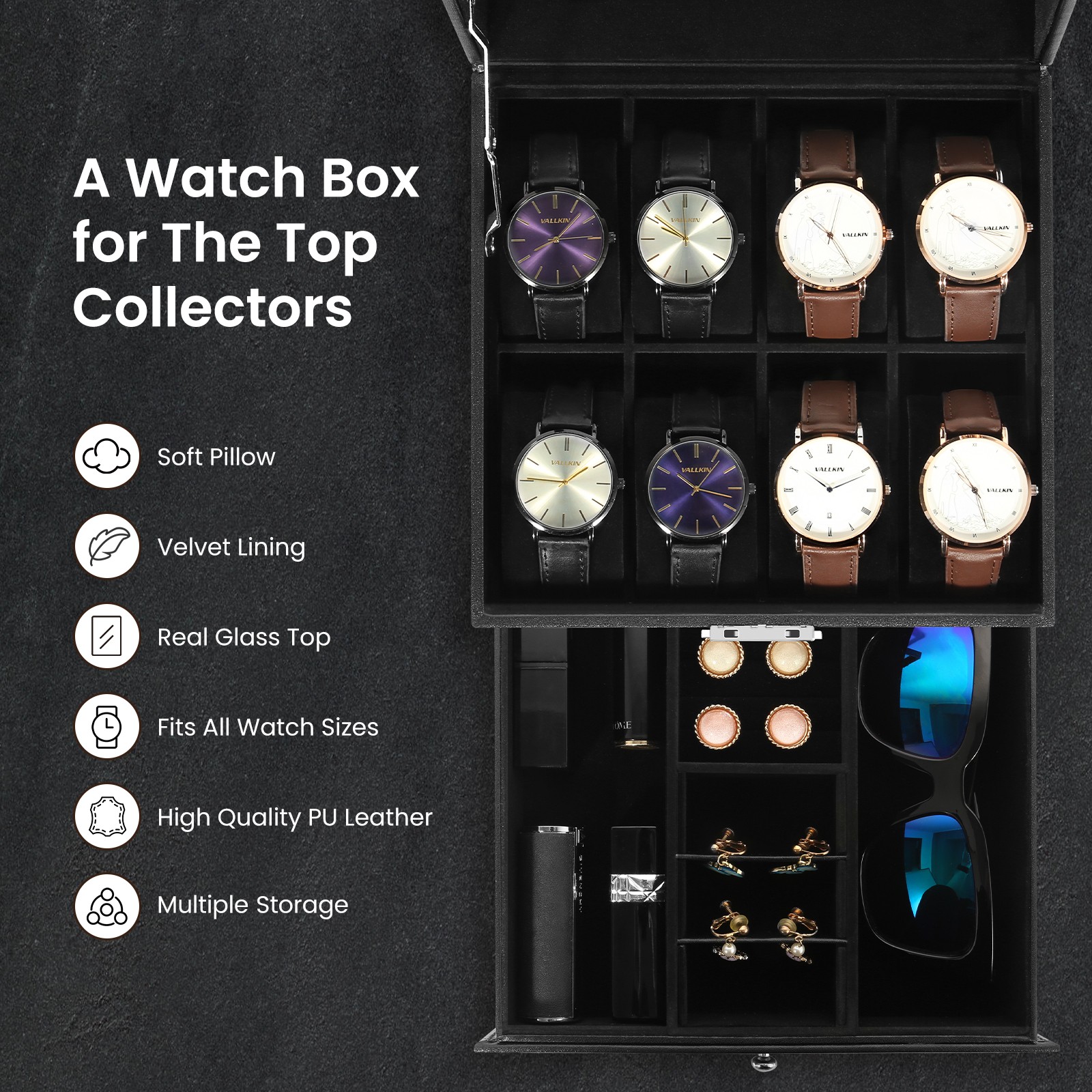 8-Slot Watch Box Lockable Watch Case 2 Layers with 1 Drawer for Rings Watch Gift