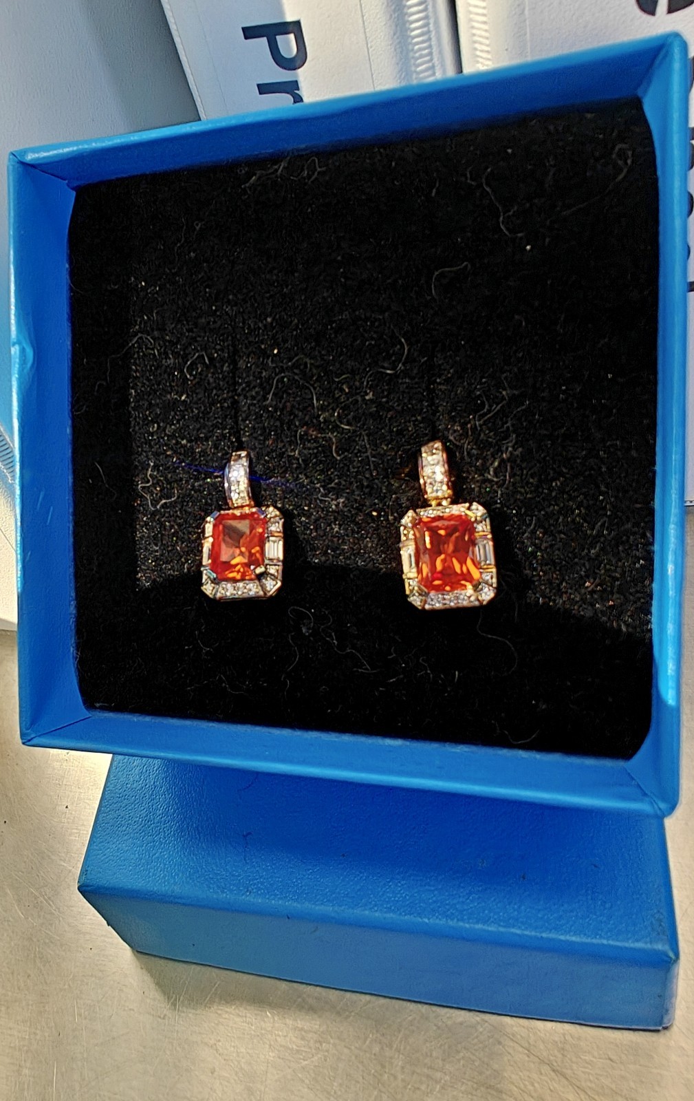 Victoria Wieck Padparadscha Sapphire Earrings rare & emerald-cut orange gemstone