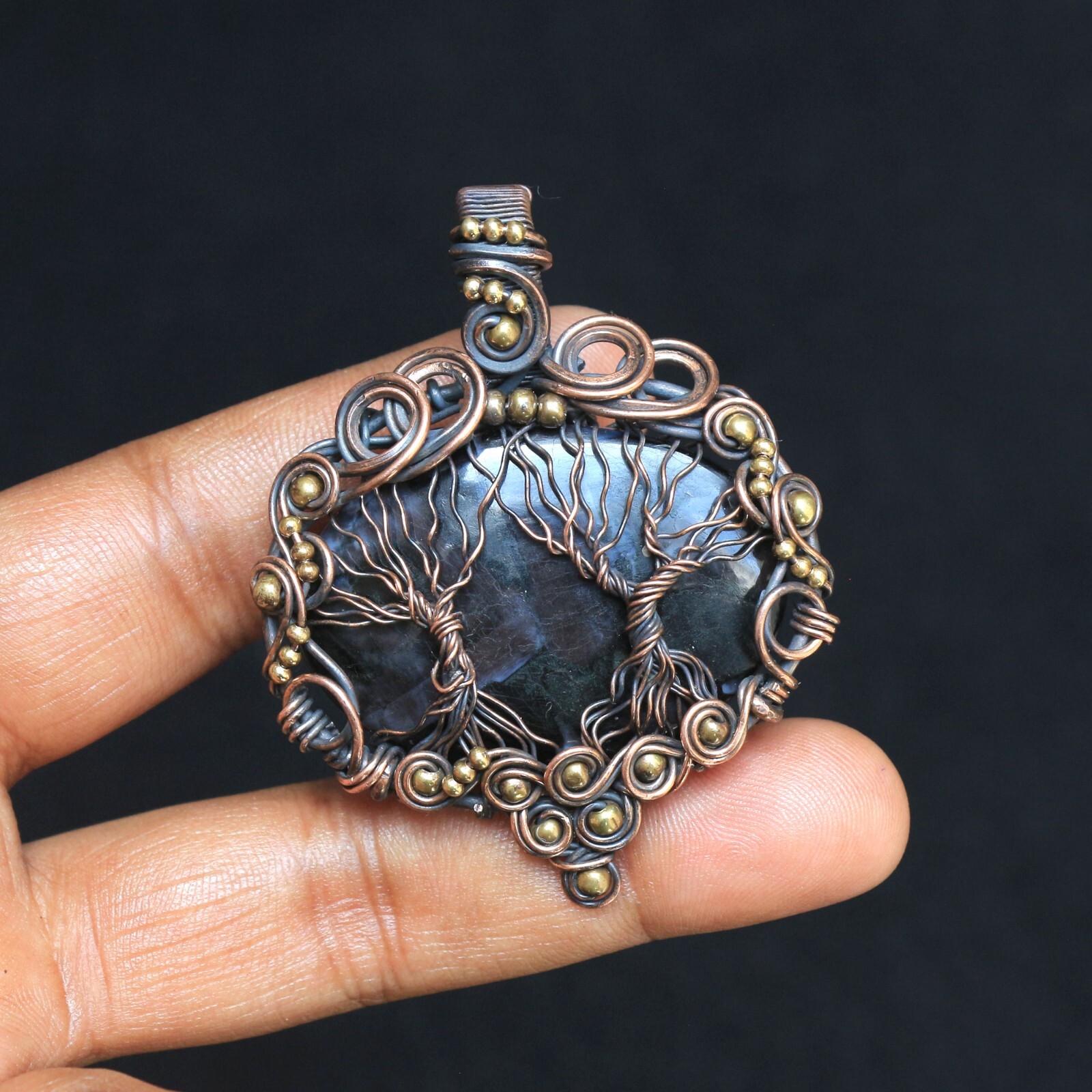 Copper Tree Pendant Indigo Gabbro Jasper Wire Wrap Gemstone Jewelry Gift N404