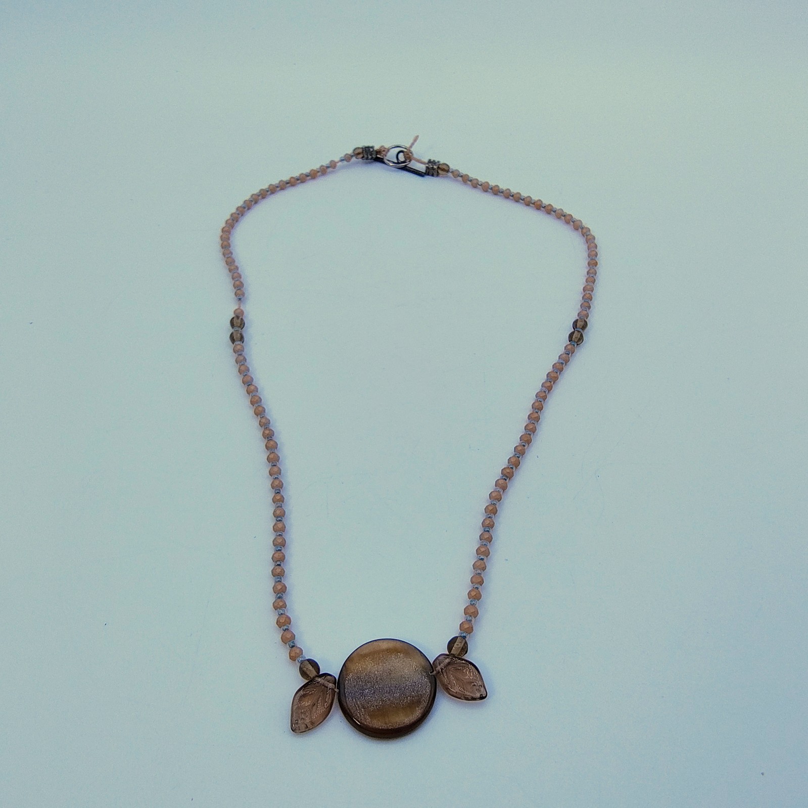 Vintage Artisan Art Glass Leaves & Disc Peach Beaded Necklace Romantic Boho