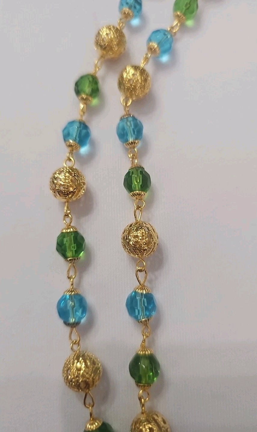 Vintage Joan Rivers Blue And Green Bead An Gold Spears Necklace. RU