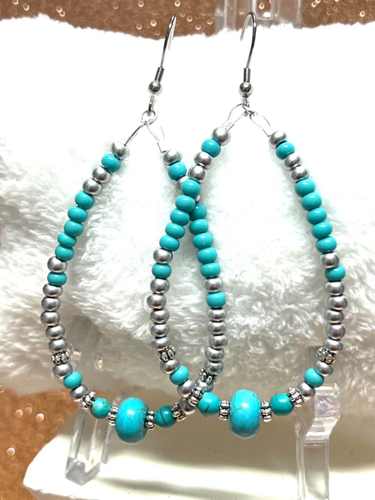 Shiny Silver Seed Bead Teardrop Hypo Earrings W Turquoise Roundelle Beads 3.5 In