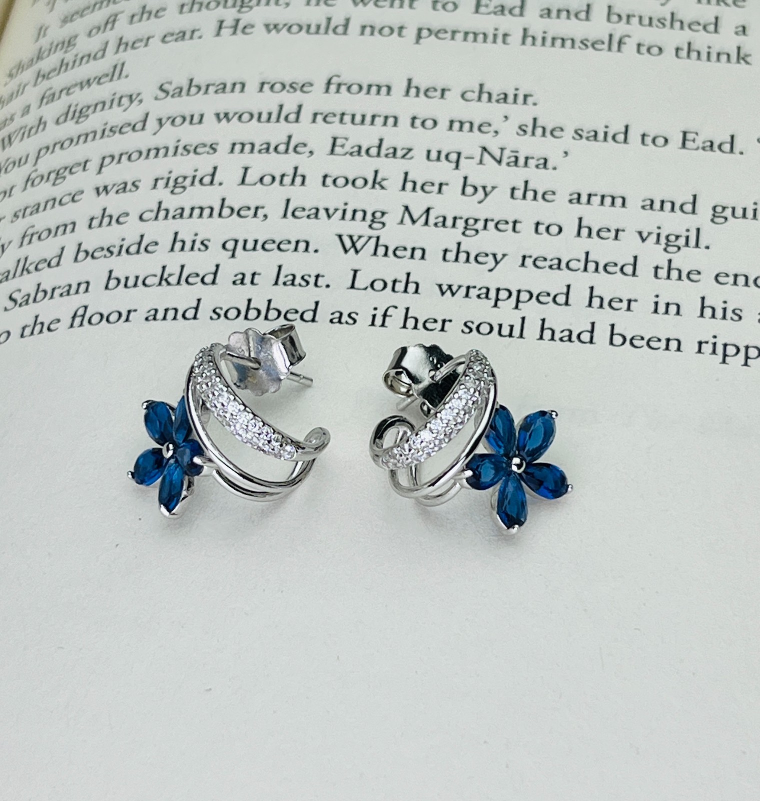 Silver Blue Flower Earrings Gift for Women