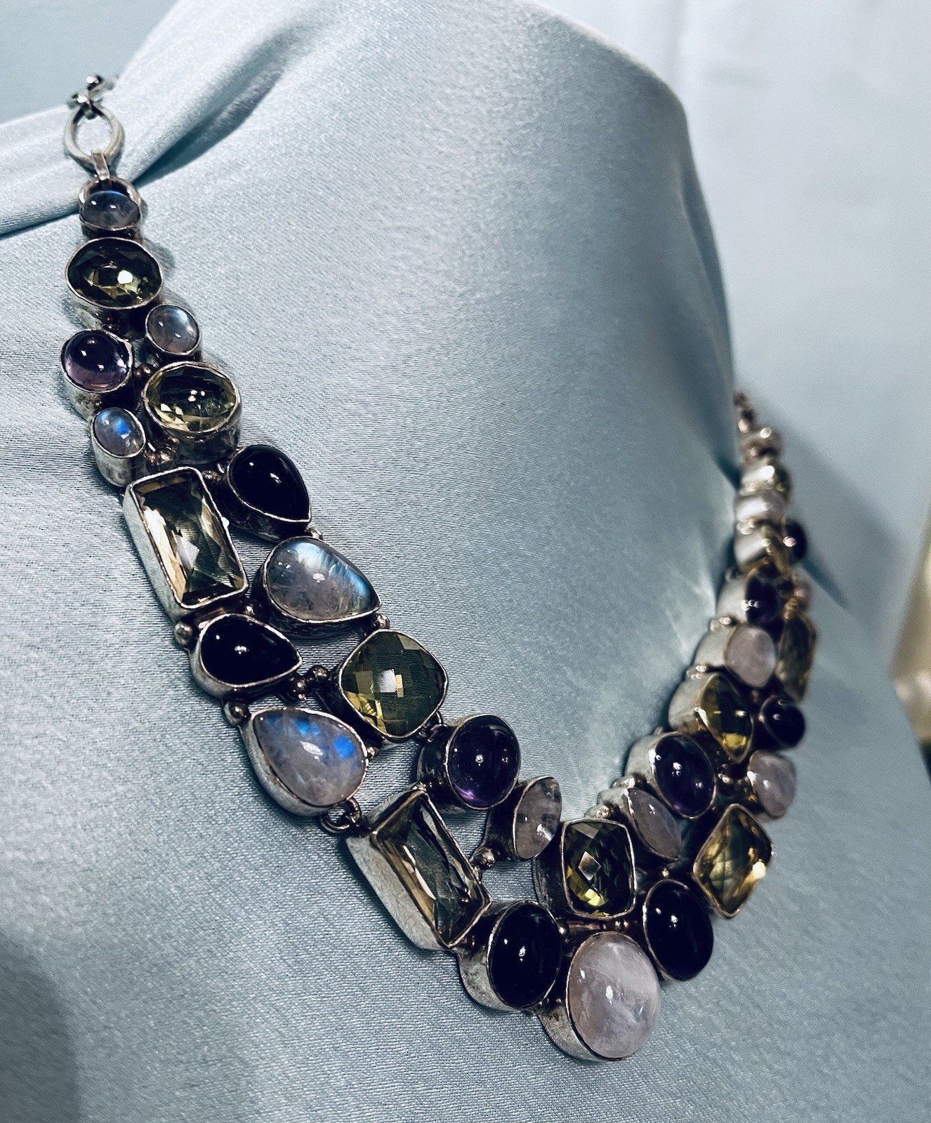 Sterling Silver Multi-gem Moonstone Tourmaline Amethyst Necklace Healing 96 Gram