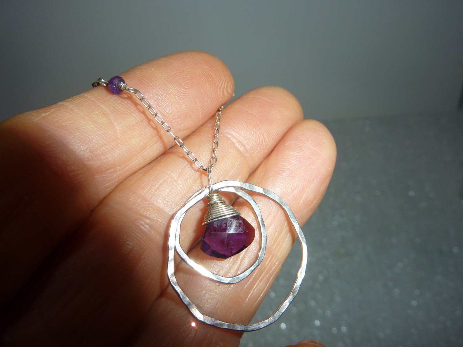 Gorgeous Amethyst Chips Hammered Sterling 925 Double Circle 925 Necklace 16-18″