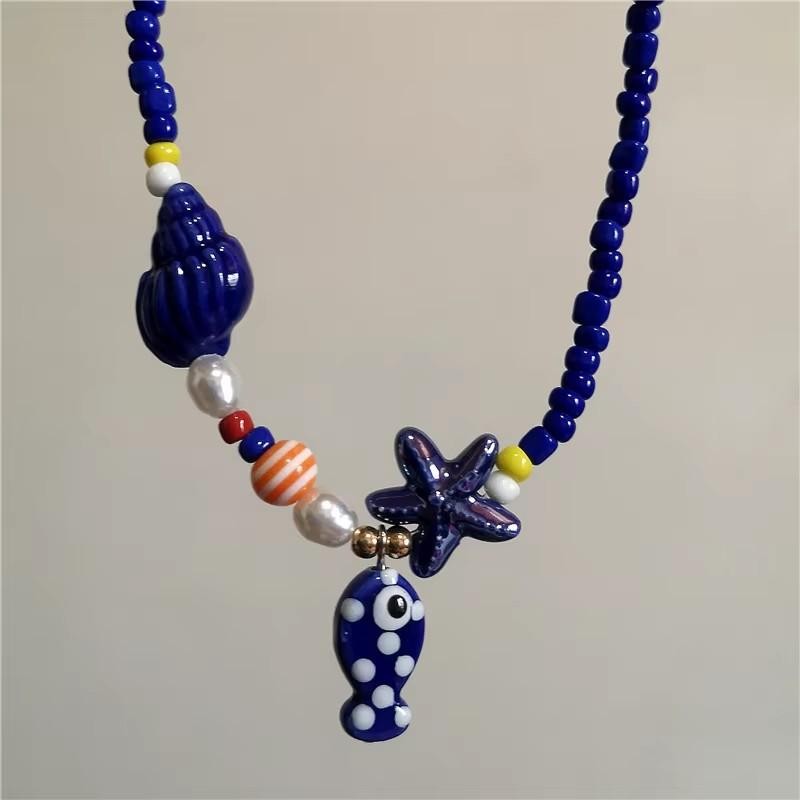 Ocean Ceramic Fish Shell Starfish Rope Necklace Bohemian Beach Jewelry Gift