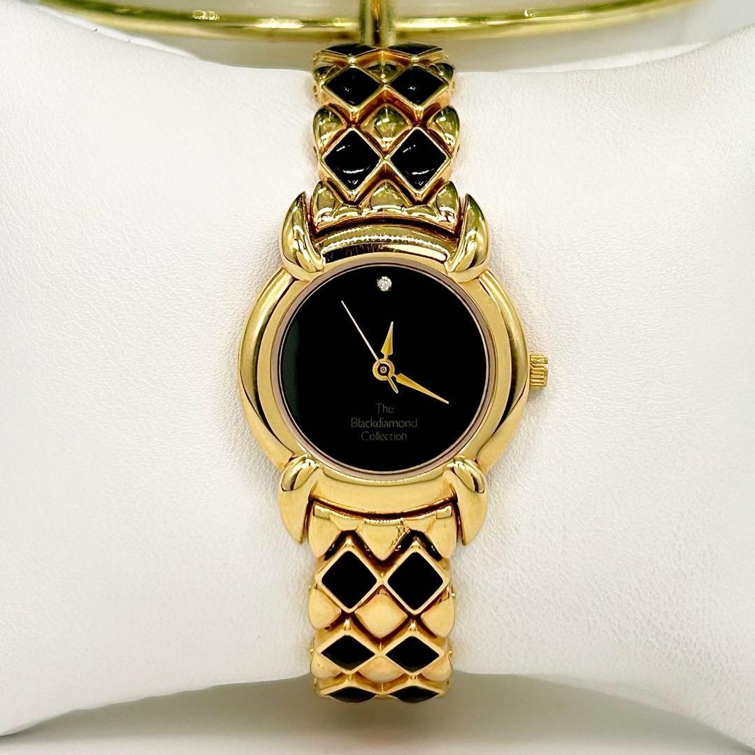 Franklin Mint Diamond Black Quartz Watch Gold/Black Used