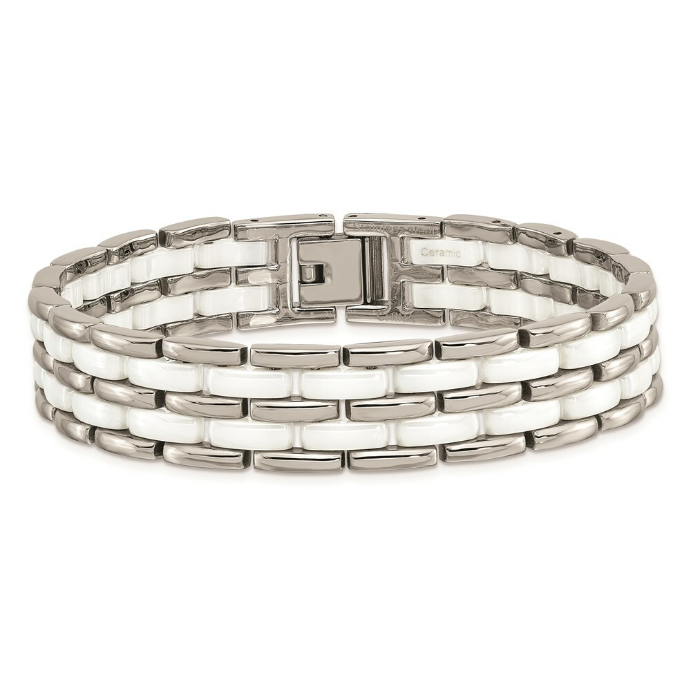 Stainless Steel Double Row White Ceramic 8.25in Bracelet