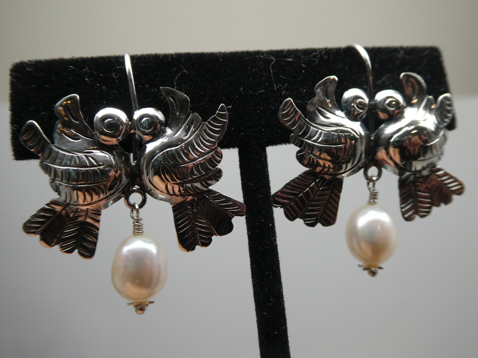 Love Bird Taxco Mexico Sterling Silver 925 & Pearl Frida Kahlo Style Earrings