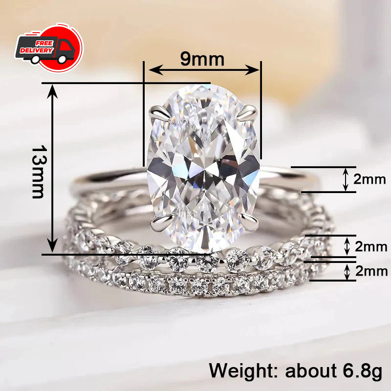 ONE SET 3 PCS Women 18k Gold Plated Sparkling CZ Oval Band Ring Engagement