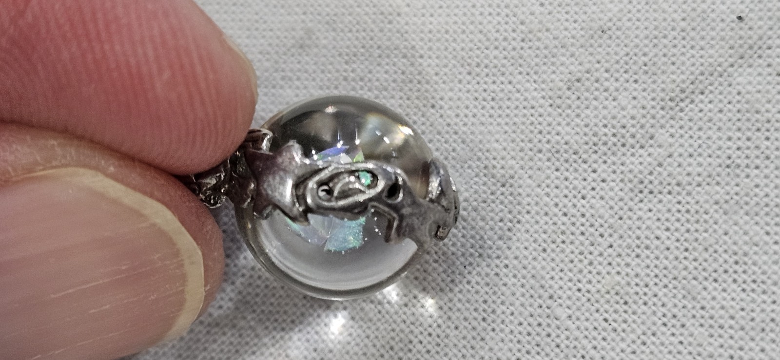 Antique Vintage Crystal Orb W/ Minerals Moon Star & More Sterling Bead Pendant