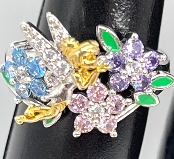Ring Silver Tone Multi-Color Crystal Flowers w/Gold & Silver Flying Fairy Size 6