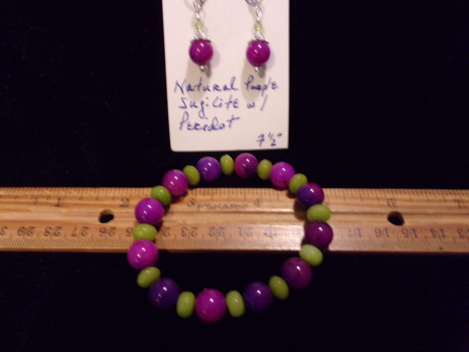 925 Natural Sugilite & Peridot Leverback Earrings w/Matching Bracelet 7 1/2″