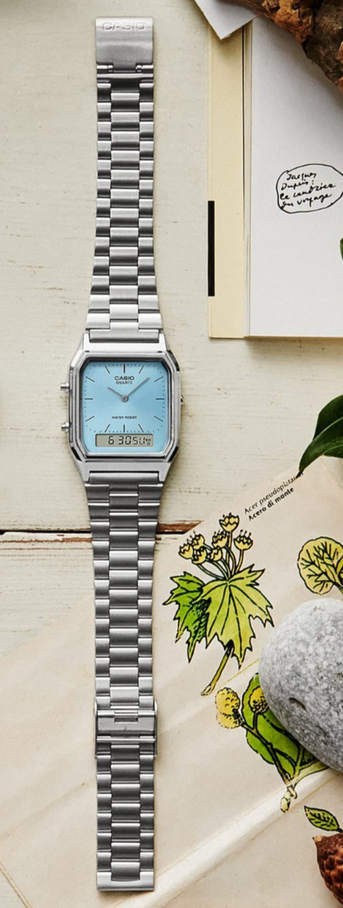 Casio AQ-230A-2A1MQY Vintage Ana-Digi Unisex Watch Light Blue Dial Steel Band WR