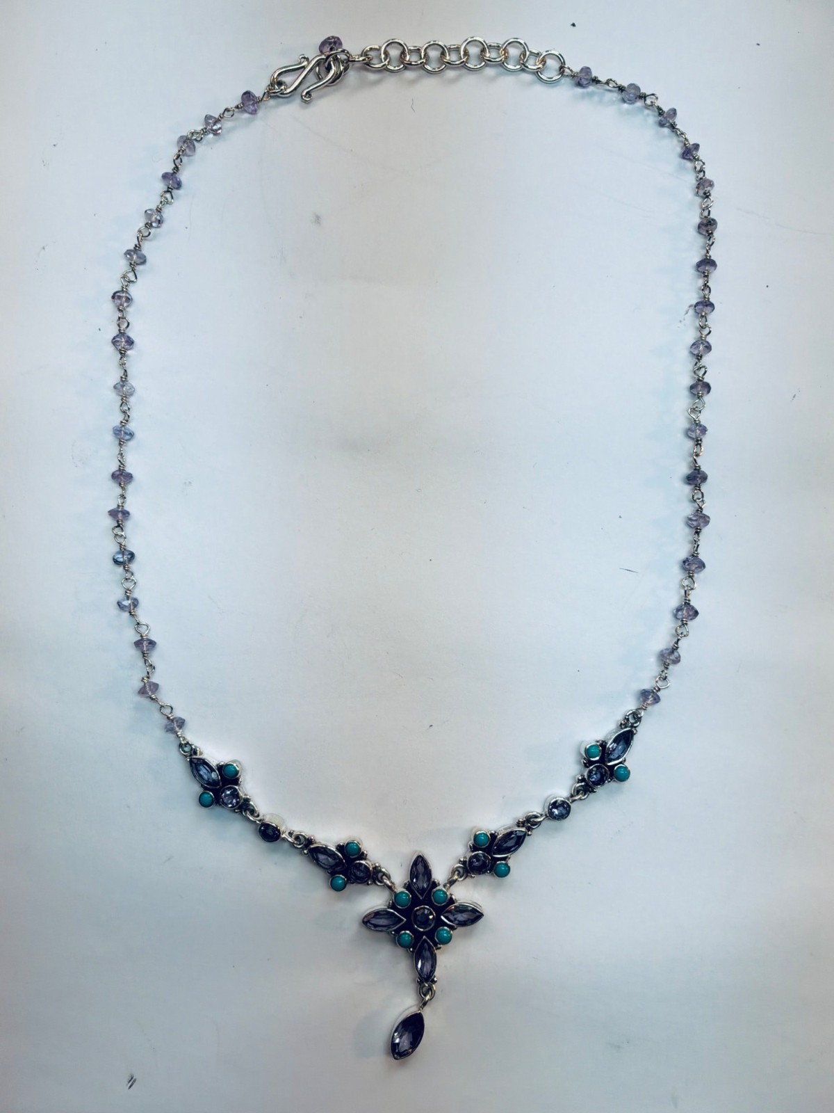 Estate 925 Sterling Silver Amethyst Turquoise Floral Necklace 20″ India Gift