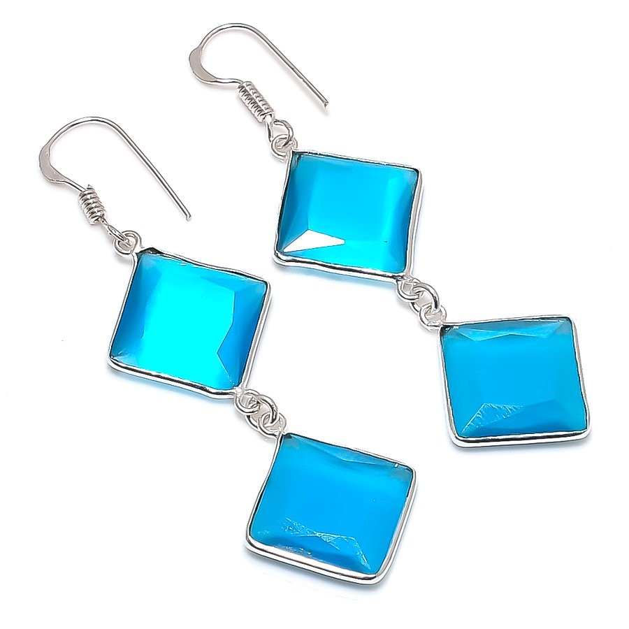 Earring Blue Chalcedony Gemstone Handmade 925 Sterling Silver Jewelry 2.56″ O778