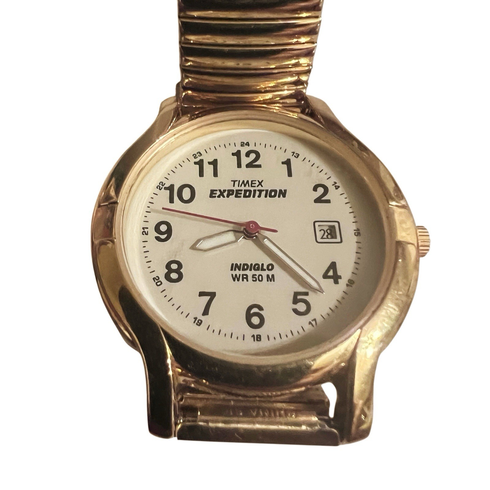 Timex Expedition Indiglo WR50M Gold Stretch Watch Mens Size 8 needs battery