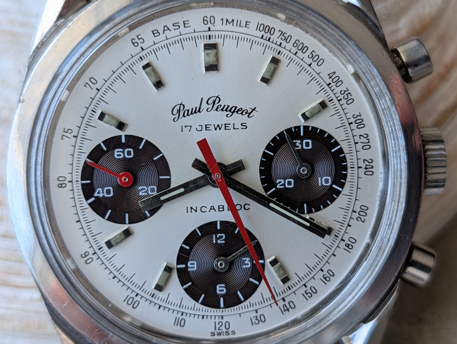 Vintage Paul Peugeot Three-Register Chronograph w/Warm Patina,Valjoux 7736 Mvmt